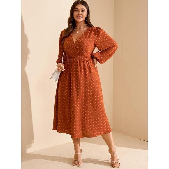 Plus Size Fall Wedding Guest Dress Swiss Dot Lantern Sleeves V-Neck - Picture 4 of 5